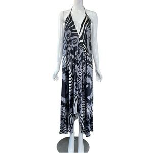 Vintage Y2K Handkerchief Hem Halter Dress Boho Festival Summer Black/White Print